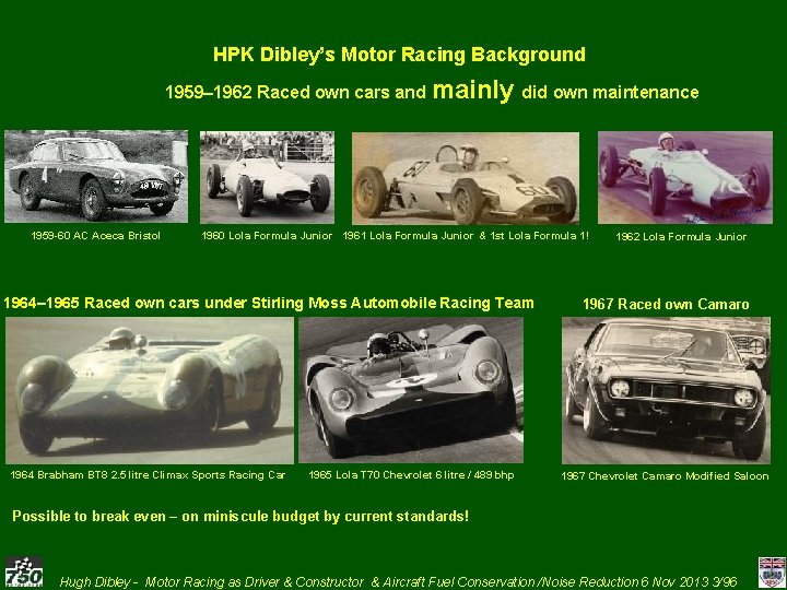 HPK Dibley’s Motor Racing Background 1959– 1962 Raced own cars and mainly did own