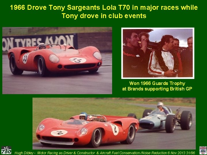 1966 Drove Tony Sargeants Lola T 70 in major races while Tony drove in