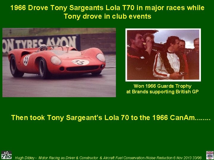 1966 Drove Tony Sargeants Lola T 70 in major races while Tony drove in