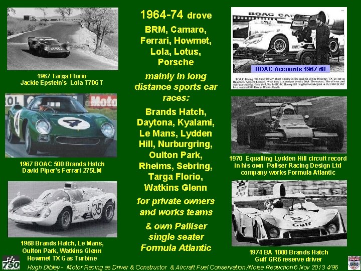 1964 -74 drove BRM, Camaro, Ferrari, Howmet, Lola, Lotus, Porsche 1967 Targa Florio Jackie