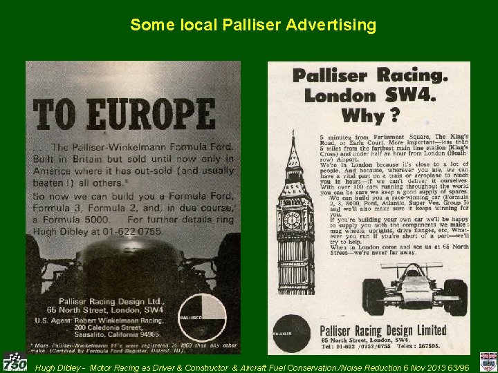 Some local Palliser Advertising Hugh Dibley - Motor Racing as Driver & Constructor &