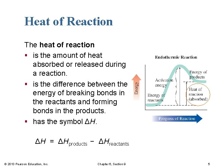 Heat of Reaction The heat of reaction § is the amount of heat absorbed