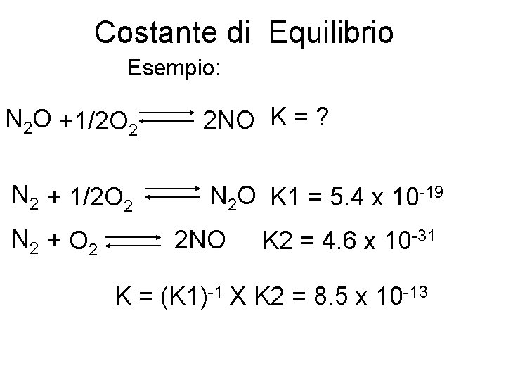 Costante di Equilibrio Esempio: N 2 O +1/2 O 2 2 NO K =