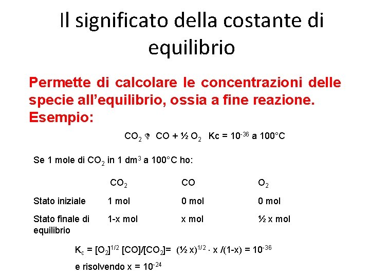 Il significato della costante di equilibrio Permette di calcolare le concentrazioni delle specie all’equilibrio,