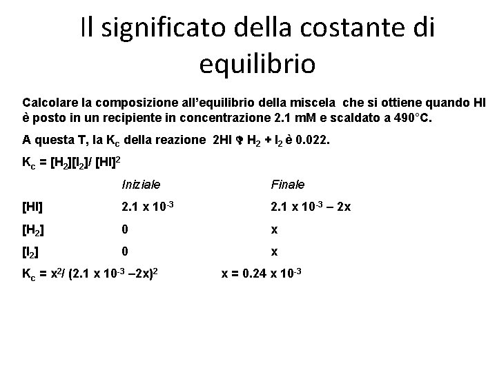 Il significato della costante di equilibrio Calcolare la composizione all’equilibrio della miscela che si