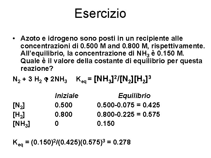 Esercizio • Azoto e idrogeno sono posti in un recipiente alle concentrazioni di 0.