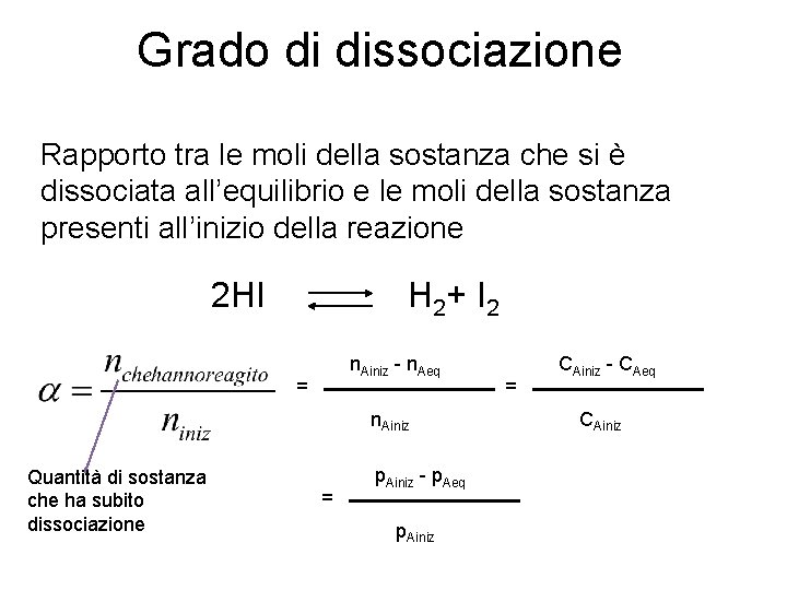 Grado di dissociazione Rapporto tra le moli della sostanza che si è dissociata all’equilibrio