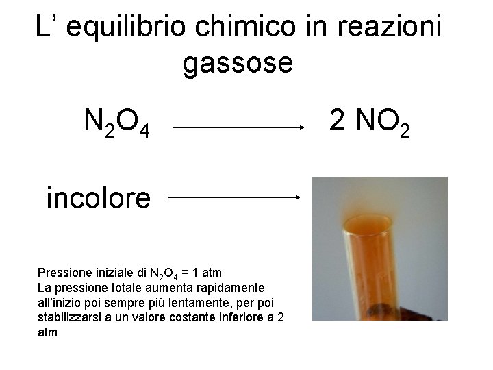 L’ equilibrio chimico in reazioni gassose N 2 O 4 incolore Pressione iniziale di