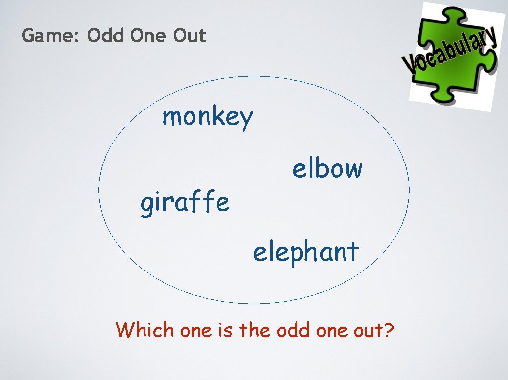 Game: Odd One Out monkey giraffe elbow elephant Which one is the odd one