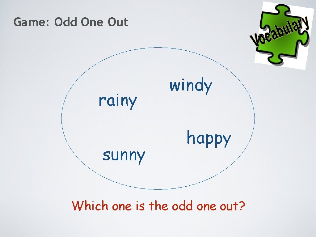 Game: Odd One Out rainy sunny windy happy Which one is the odd one