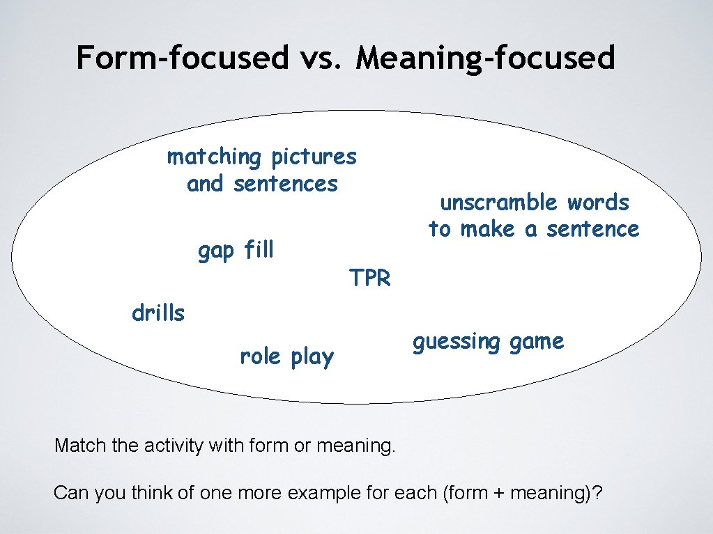 Form-focused vs. Meaning-focused matching pictures and sentences gap fill unscramble words to make a