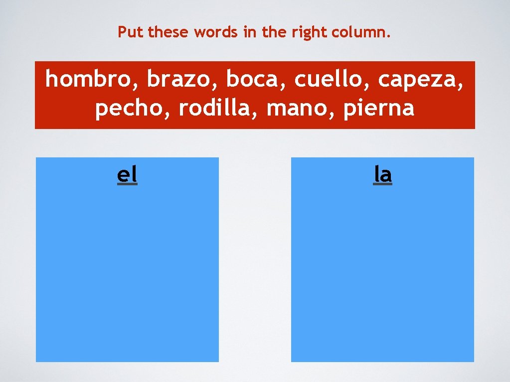 Put these words in the right column. hombro, brazo, boca, cuello, capeza, pecho, rodilla,