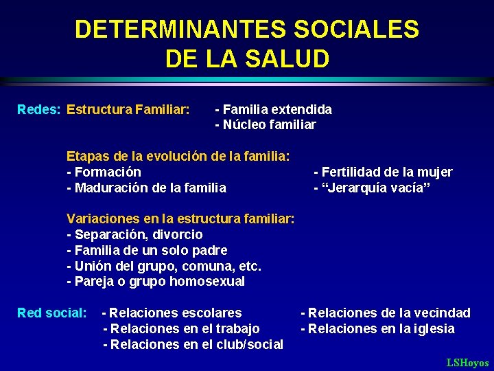DETERMINANTES SOCIALES DE LA SALUD Redes: Estructura Familiar: - Familia extendida - Núcleo familiar