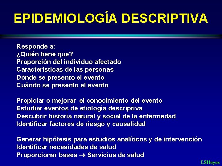 EPIDEMIOLOGÍA DESCRIPTIVA Responde a: ¿Quién tiene que? Proporción del individuo afectado Características de las