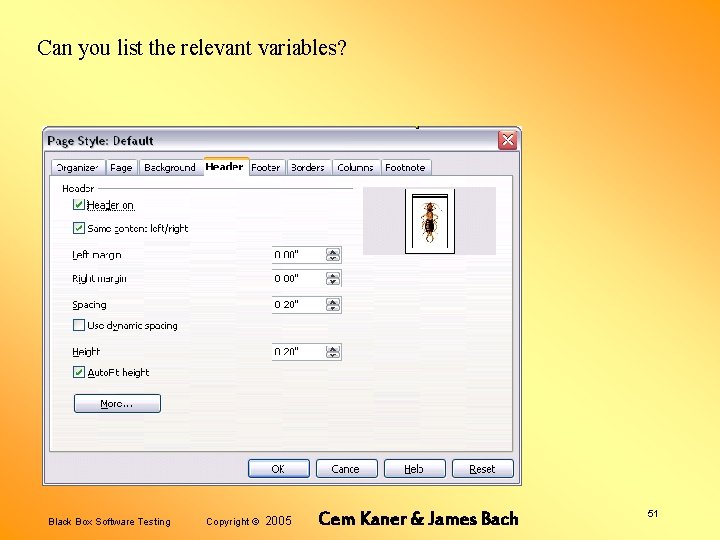 Can you list the relevant variables? Black Box Software Testing Copyright © 2005 Cem