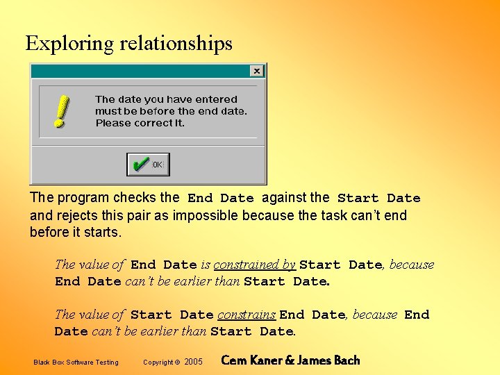 Exploring relationships The program checks the End Date against the Start Date and rejects