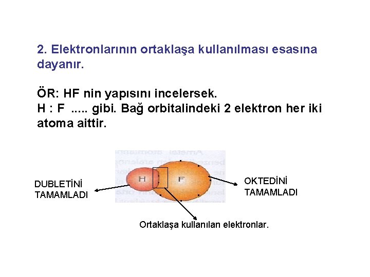 2. Elektronlarının ortaklaşa kullanılması esasına dayanır. ÖR: HF nin yapısını incelersek. H : F