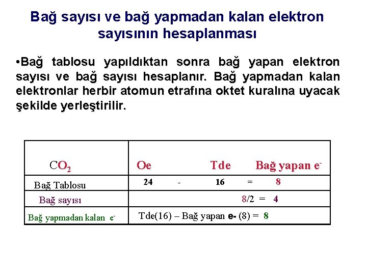 Bağ sayısı ve bağ yapmadan kalan elektron sayısının hesaplanması • Bağ tablosu yapıldıktan sonra