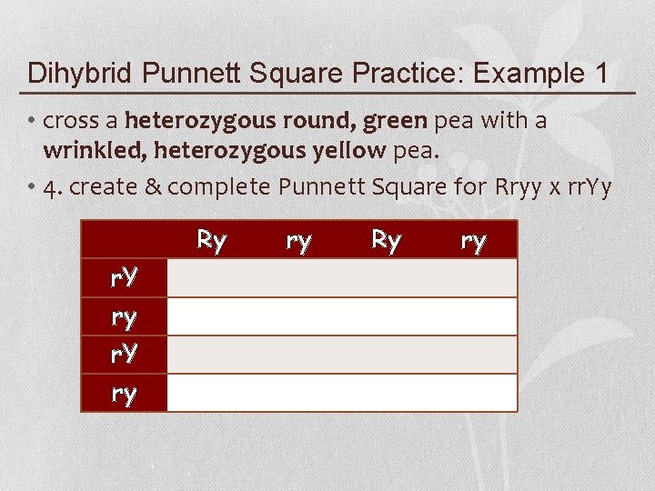 Dihybrid Punnett Square Practice: Example 1 • cross a heterozygous round, green pea with