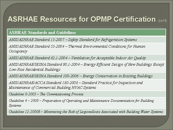 ASRHAE Resources for OPMP Certification (con’t) ASHRAE Standards and Guidelines ANSI/ASHRAE Standard 15 -2007