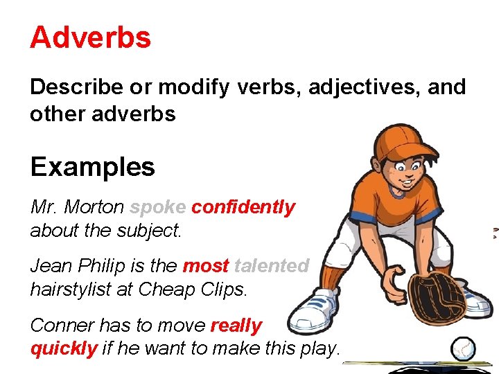 Adverbs Describe or modify verbs, adjectives, and other adverbs Examples Mr. Morton spoke confidently Adverbs Describe or modify verbs, adjectives, and other adverbs Examples Mr. Morton spoke confidently