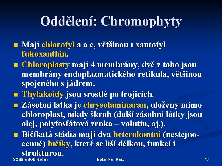 Oddělení: Chromophyty n n n Mají chlorofyl a a c, většinou i xantofyl fukoxanthin.