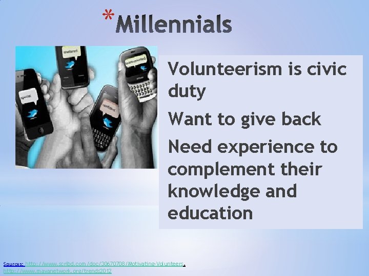 * Volunteerism is civic duty Want to give back Need experience to complement their * Volunteerism is civic duty Want to give back Need experience to complement their
