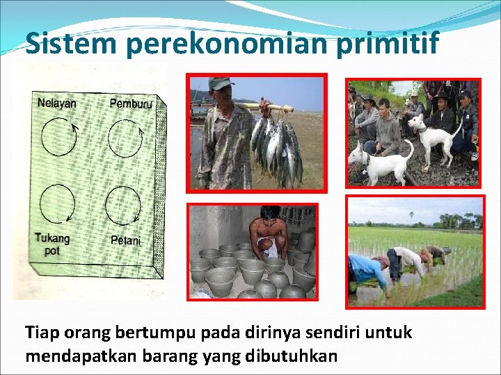 Sistem perekonomian primitif Tiap orang bertumpu pada dirinya sendiri untuk mendapatkan barang yang dibutuhkan