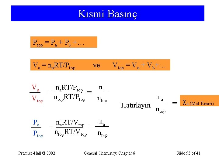 Kısmi Basınç Ptop = Pa + Pb +… Va = na. RT/Ptop ve Vtop