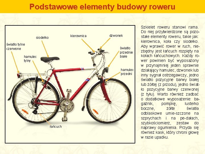 Podstawowe elementy budowy roweru kierownica siodełko światło tylne czerwone dzwonek światło przednie białe hamulec