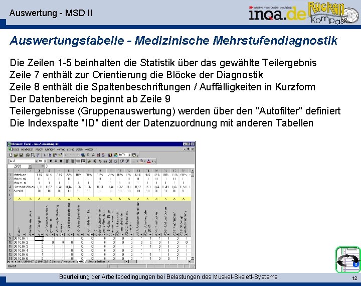 Auswertung - MSD II Auswertungstabelle - Medizinische Mehrstufendiagnostik Die Zeilen 1 -5 beinhalten die