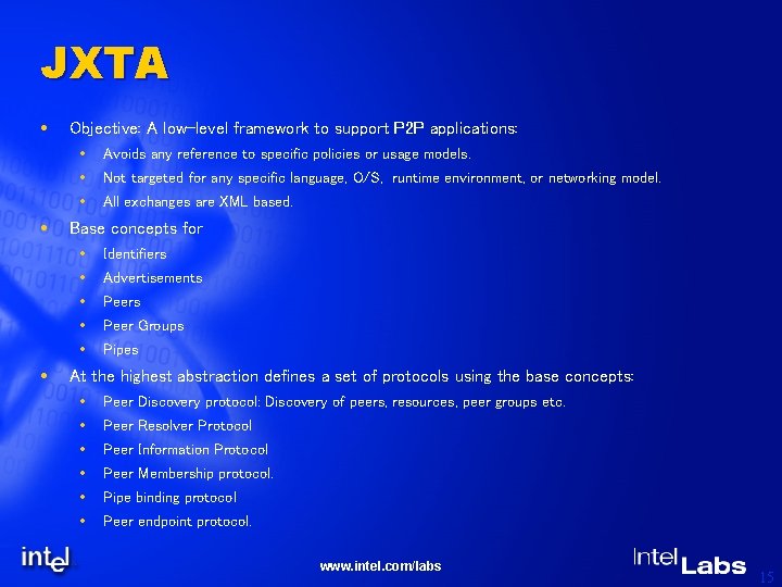 JXTA Objective: A low-level framework to support P 2 P applications: Avoids any reference