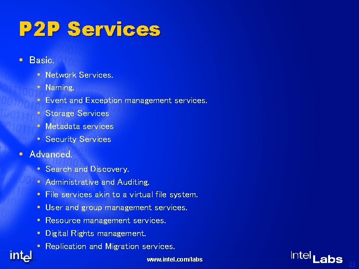 P 2 P Services Basic. Network Services. Naming. Event and Exception management services. Storage
