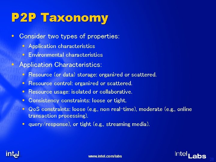 P 2 P Taxonomy Consider two types of properties: Application characteristics Environmental characteristics Application