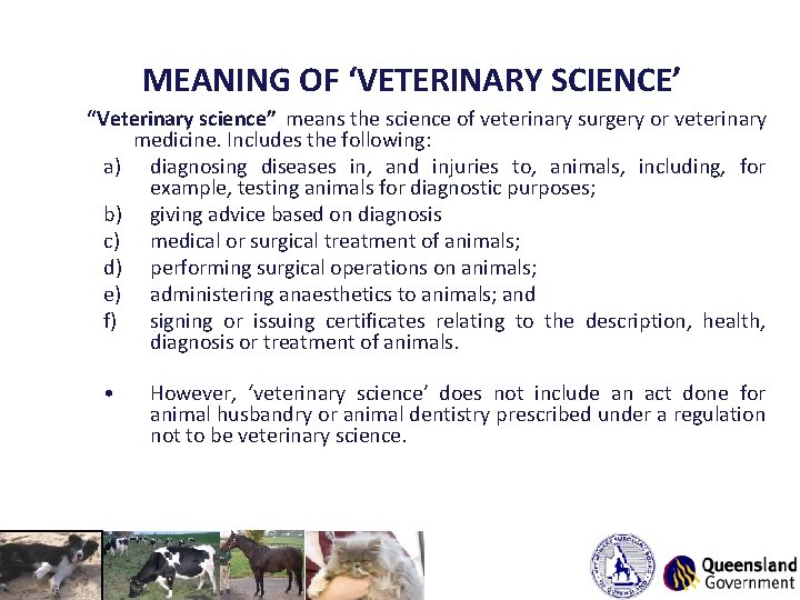 MEANING OF ‘VETERINARY SCIENCE’ “Veterinary science” means the science of veterinary surgery or veterinary