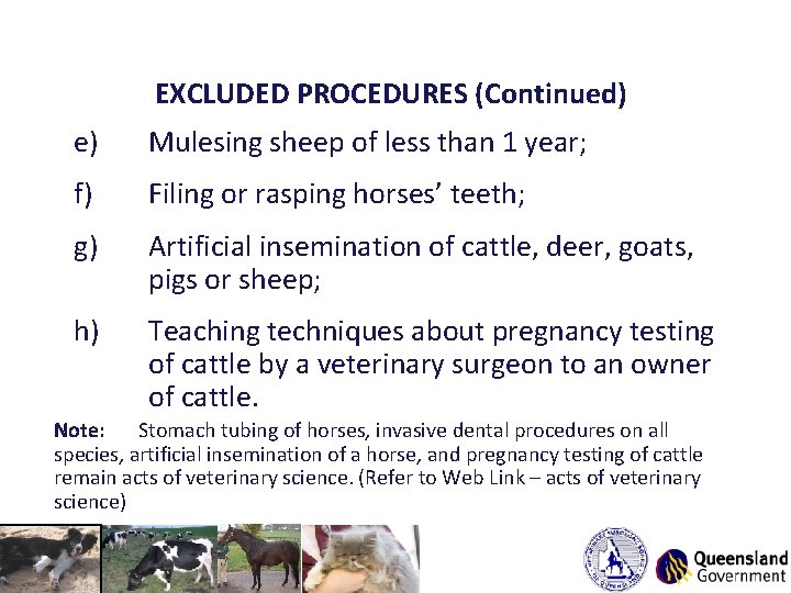 EXCLUDED PROCEDURES (Continued) e) Mulesing sheep of less than 1 year; f) Filing or