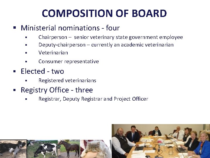 COMPOSITION OF BOARD § Ministerial nominations - four § Chairperson – senior veterinary state