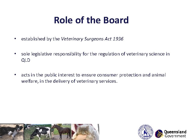 Role of the Board • established by the Veterinary Surgeons Act 1936 • sole