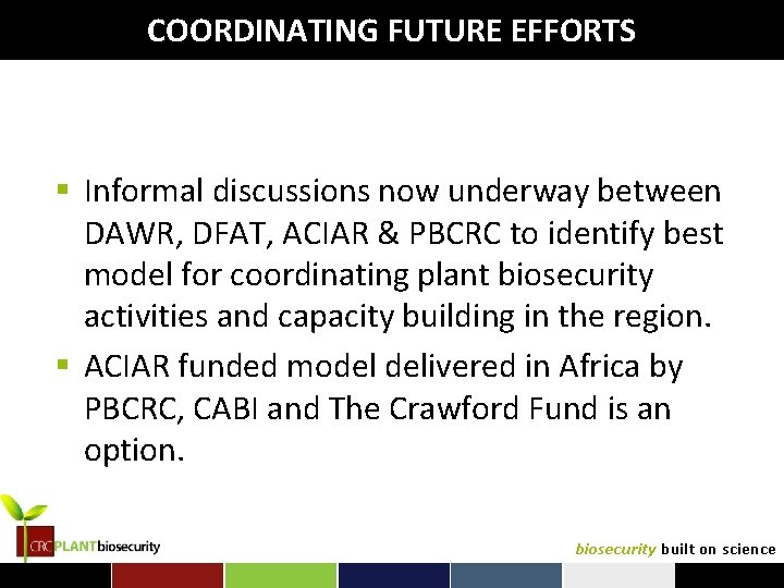 COORDINATING FUTURE EFFORTS § Informal discussions now underway between DAWR, DFAT, ACIAR & PBCRC