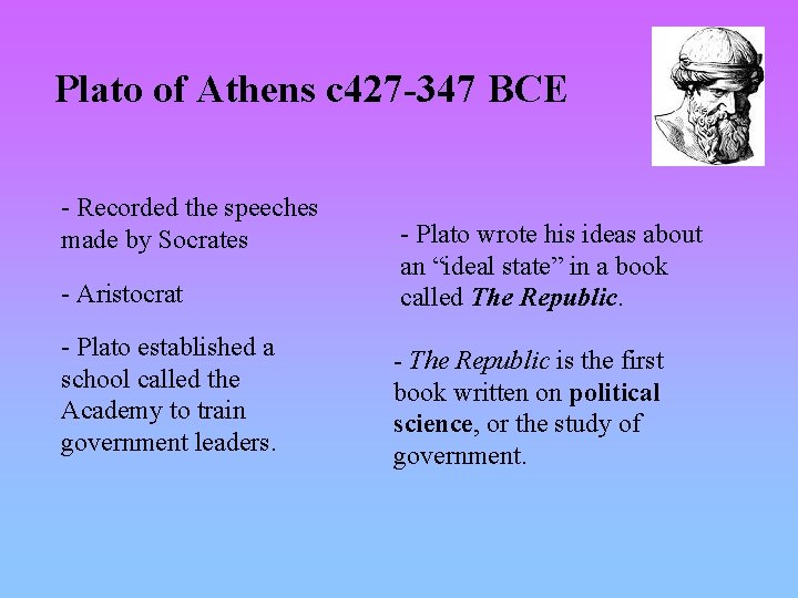 Plato of Athens c 427 -347 BCE - Recorded the speeches made by Socrates