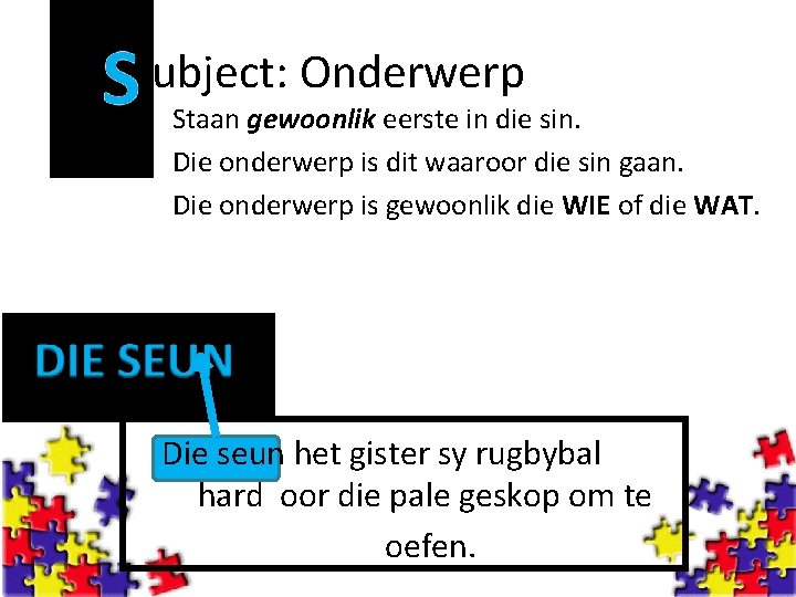 ubject: Onderwerp Staan gewoonlik eerste in die sin. Die onderwerp is dit waaroor die