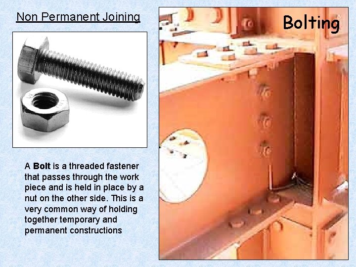 Non Permanent Joining A Bolt is a threaded fastener that passes through the work
