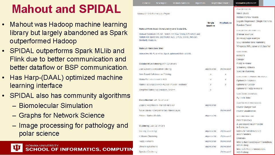 Mahout and SPIDAL • Mahout was Hadoop machine learning library but largely abandoned as