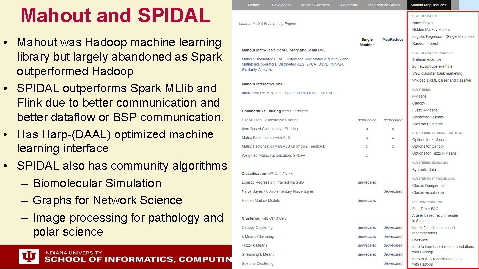 Mahout and SPIDAL • Mahout was Hadoop machine learning library but largely abandoned as