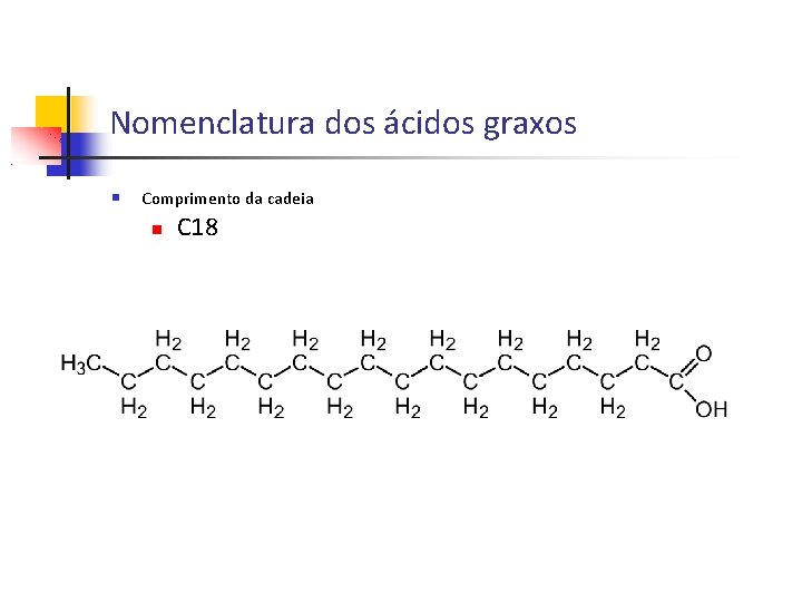 Nomenclatura dos ácidos graxos Comprimento da cadeia C 18 