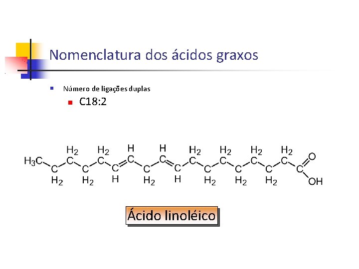 Nomenclatura dos ácidos graxos Número de ligações duplas C 18: 2 Ácido linoléico 