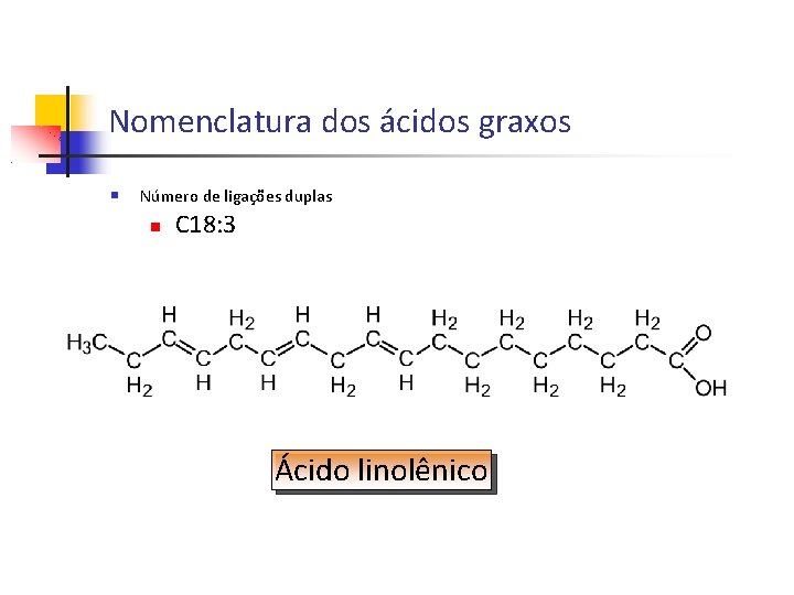 Nomenclatura dos ácidos graxos Número de ligações duplas C 18: 3 Ácido linolênico 