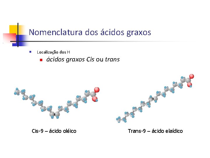 Nomenclatura dos ácidos graxos Localização dos H ácidos graxos Cis ou trans Cis-9 –