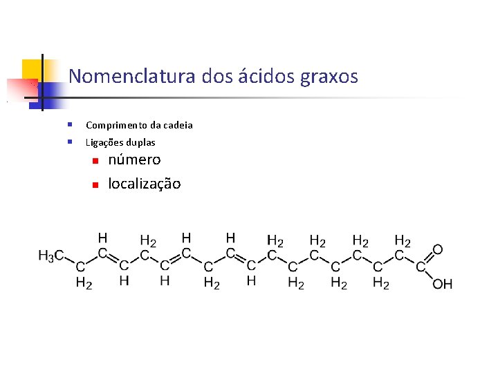 Nomenclatura dos ácidos graxos Comprimento da cadeia Ligações duplas número localização 