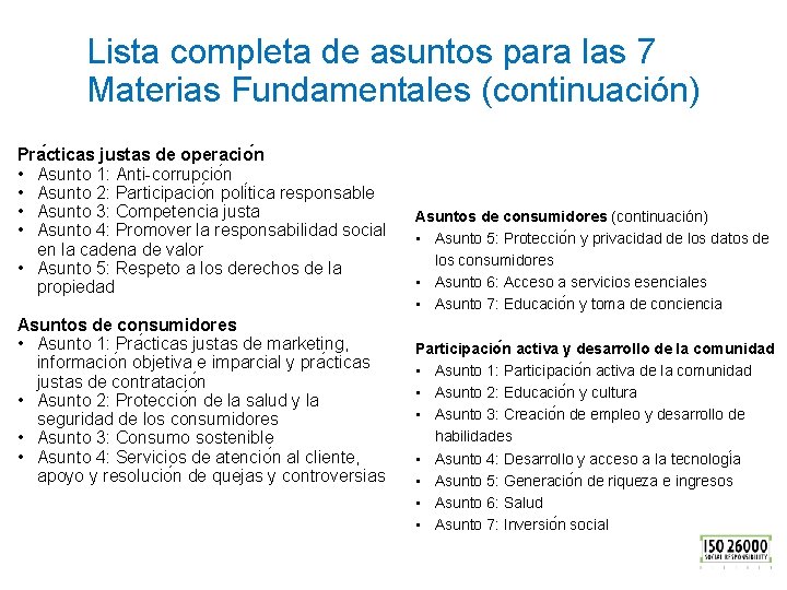 Lista completa de asuntos para las 7 Materias Fundamentales (continuación) Pra cticas justas de
